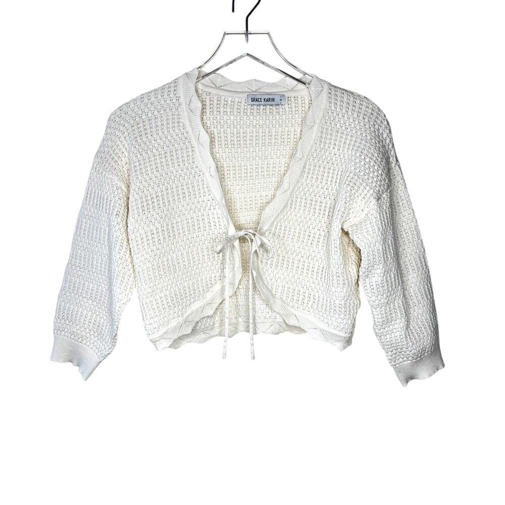 Grace Karin White Crochet Knit Tie Front Cropped Bolero Cardigan Sweater SMALL